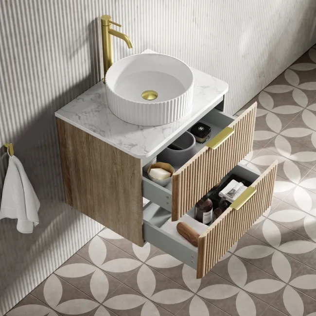 Cadiz Fluted Apex Oak Wall Hung Drawer Vanity with Marble Top & Nevis Basin 600mm - Brushed Brass Accents