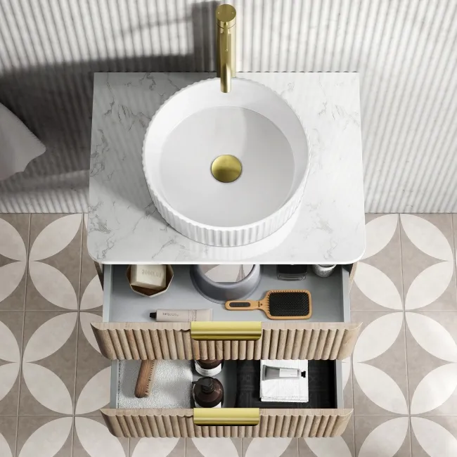 Cadiz Fluted Apex Oak Wall Hung Drawer Vanity with Marble Top & Nevis Basin 600mm - Brushed Brass Accents
