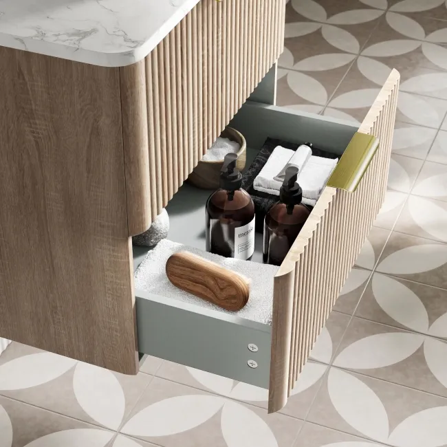 Cadiz Fluted Apex Oak Wall Hung Drawer Vanity with Marble Top & Nevis Basin 600mm - Brushed Brass Accents