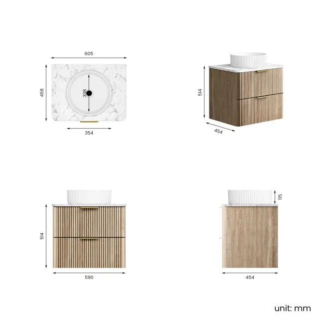 Cadiz Fluted Apex Oak Wall Hung Drawer Vanity with Marble Top & Nevis Basin 600mm - Brushed Brass Accents