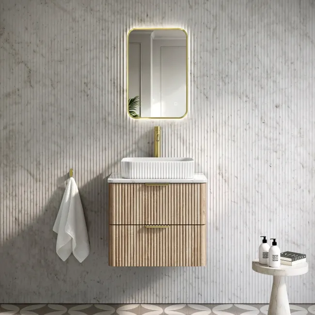 Cadiz Fluted Apex Oak Wall Hung Drawer Vanity with Marble Top & Reno Basin 600mm - Brushed Brass Accents