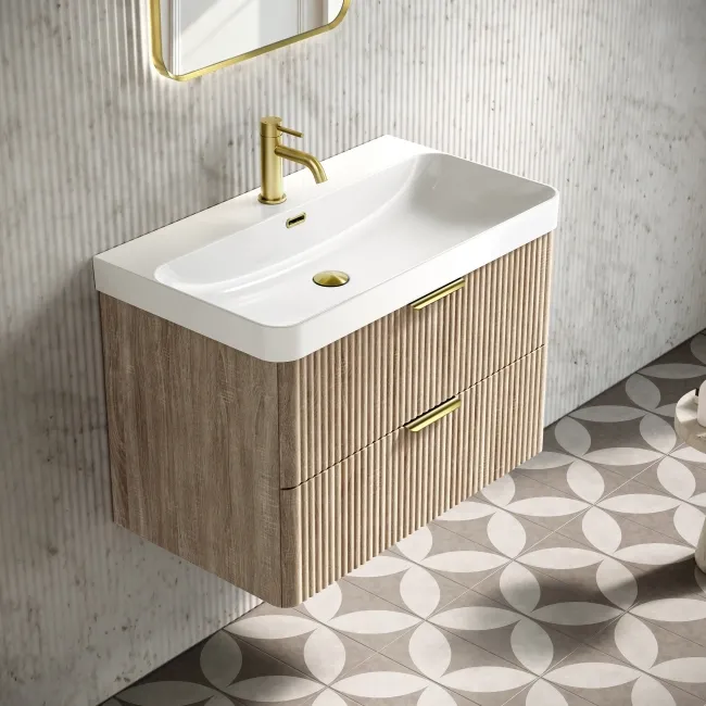 Cadiz Fluted Apex Oak Wall Hung Basin Drawer Vanity 800mm - Brushed Brass Accents