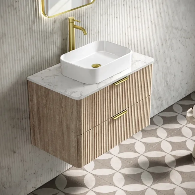 Cadiz Fluted Apex Oak Wall Hung Drawer Vanity with Marble Top 800mm (Excludes Basin) - Brushed Brass Accents