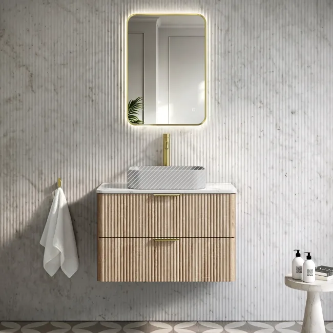 Cadiz Fluted Apex Oak Wall Hung Drawer Vanity with Marble Top 800mm (Excludes Basin) - Brushed Brass Accents