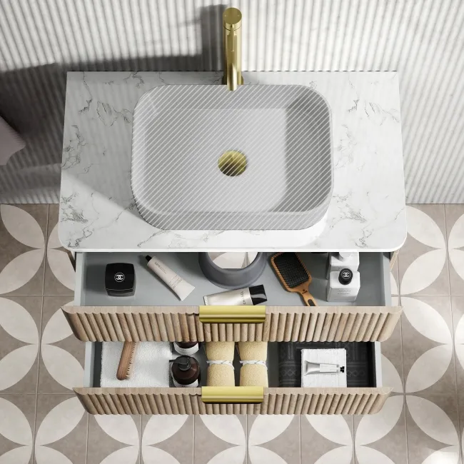 Cadiz Fluted Apex Oak Wall Hung Drawer Vanity with Marble Top 800mm (Excludes Basin) - Brushed Brass Accents