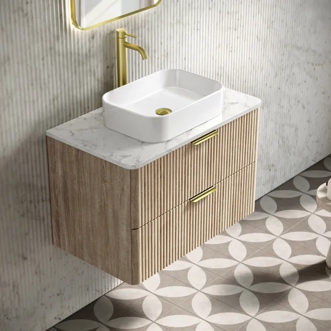 Cadiz Fluted Apex Oak Wall Hung Drawer Vanity with Marble Top & Marin Basin 800mm - Brushed Brass Accents