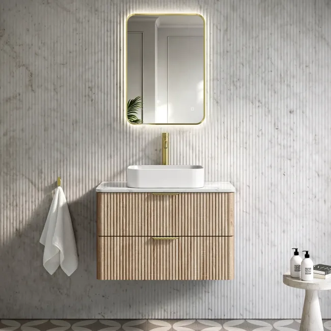 Cadiz Fluted Apex Oak Wall Hung Drawer Vanity with Marble Top & Marin Basin 800mm - Brushed Brass Accents