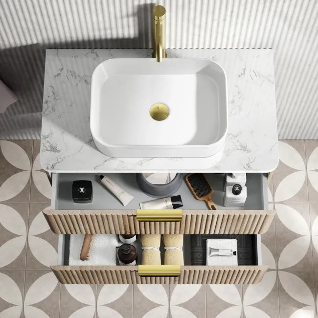 Cadiz Fluted Apex Oak Wall Hung Drawer Vanity with Marble Top & Marin Basin 800mm - Brushed Brass Accents