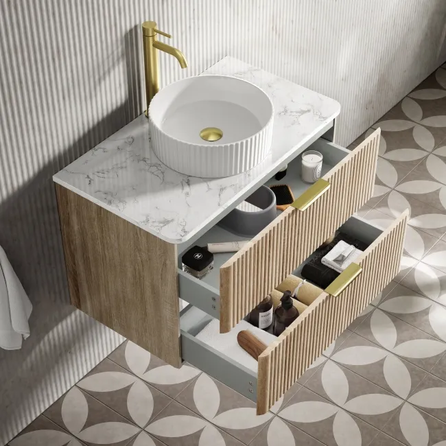 Cadiz Fluted Apex Oak Wall Hung Drawer Vanity with Marble Top & Nevis Basin 800mm - Brushed Brass Accents