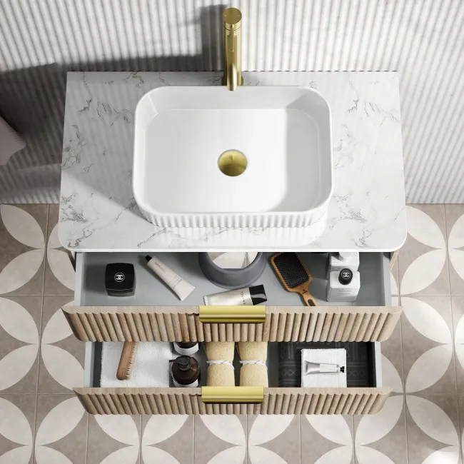 Cadiz Fluted Apex Oak Wall Hung Drawer Vanity with Marble Top & Reno Basin 800mm - Brushed Brass Accents