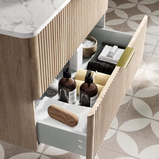 Cadiz Fluted Apex Oak Wall Hung Drawer Vanity with Marble Top & Reno Basin 800mm - Brushed Brass Accents