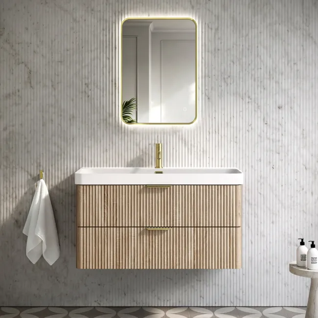 Cadiz Fluted Apex Oak Wall Hung Basin Drawer Vanity 1000mm - Brushed Brass Accents
