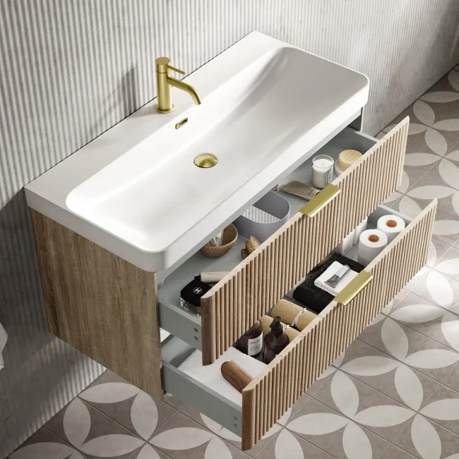 Cadiz Fluted Apex Oak Wall Hung Basin Drawer Vanity 1000mm - Brushed Brass Accents