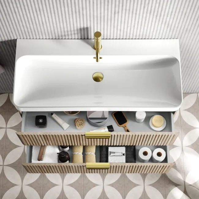 Cadiz Fluted Apex Oak Wall Hung Basin Drawer Vanity 1000mm - Brushed Brass Accents