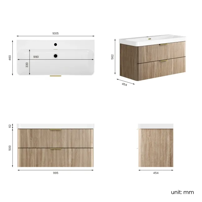 Cadiz Fluted Apex Oak Wall Hung Basin Drawer Vanity 1000mm - Brushed Brass Accents