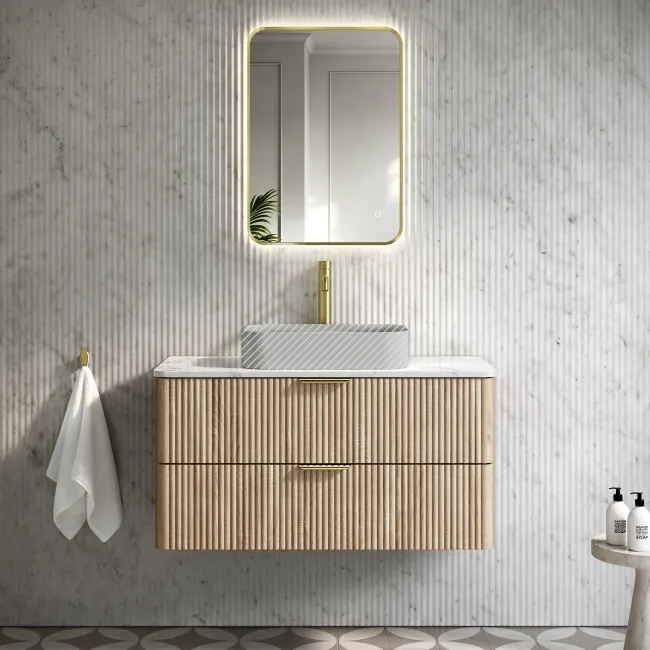 Cadiz Fluted Apex Oak Wall Hung Drawer Vanity with Marble Top 1000mm (Excludes Basin) - Brushed Brass Accents