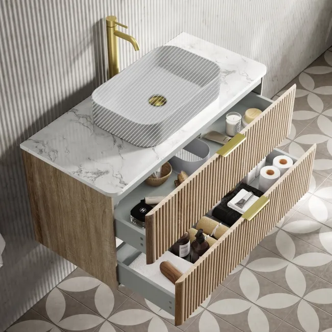 Cadiz Fluted Apex Oak Wall Hung Drawer Vanity with Marble Top 1000mm (Excludes Basin) - Brushed Brass Accents