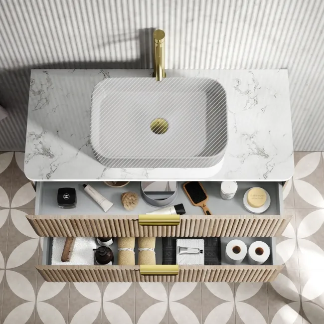 Cadiz Fluted Apex Oak Wall Hung Drawer Vanity with Marble Top 1000mm (Excludes Basin) - Brushed Brass Accents