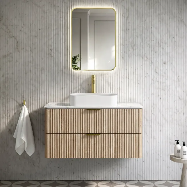 Cadiz Fluted Apex Oak Wall Hung Drawer Vanity with Marble Top & Marin Basin 1000mm - Brushed Brass Accents