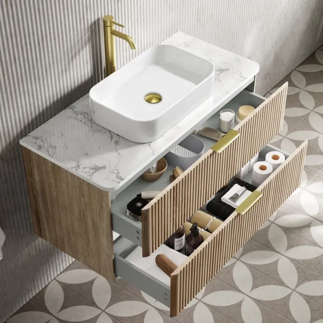 Cadiz Fluted Apex Oak Wall Hung Drawer Vanity with Marble Top & Marin Basin 1000mm - Brushed Brass Accents