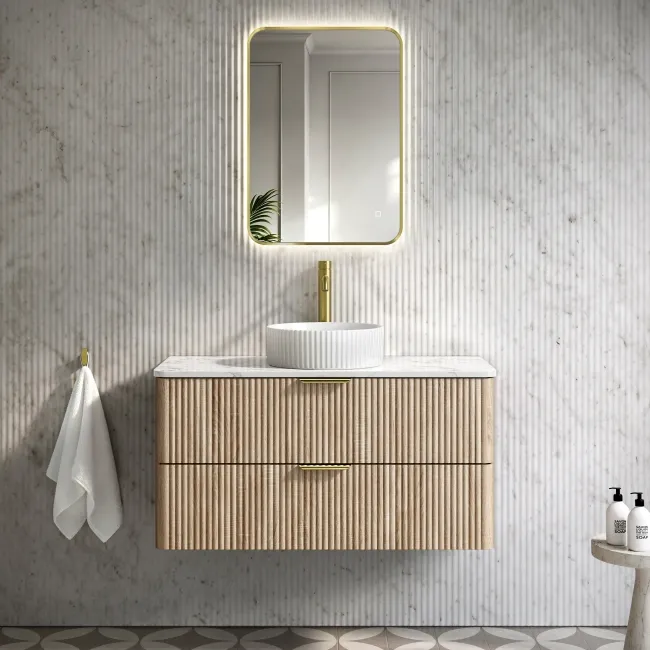 Cadiz Fluted Apex Oak Wall Hung Drawer Vanity with Marble Top & Nevis Basin 1000mm - Brushed Brass Accents