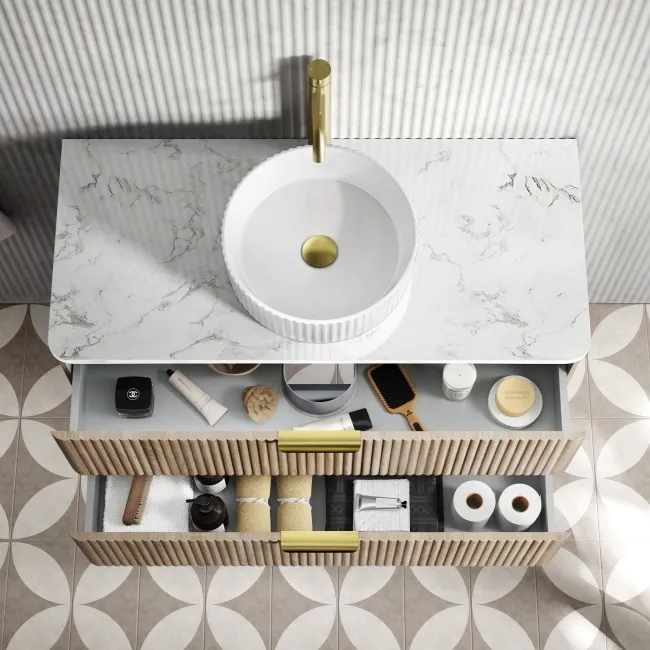 Cadiz Fluted Apex Oak Wall Hung Drawer Vanity with Marble Top & Nevis Basin 1000mm - Brushed Brass Accents