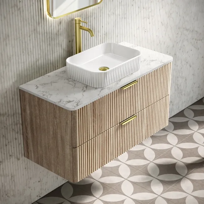 Cadiz Fluted Apex Oak Wall Hung Drawer Vanity with Marble Top & Reno Basin 1000mm - Brushed Brass Accents