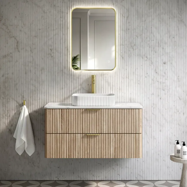 Cadiz Fluted Apex Oak Wall Hung Drawer Vanity with Marble Top & Reno Basin 1000mm - Brushed Brass Accents