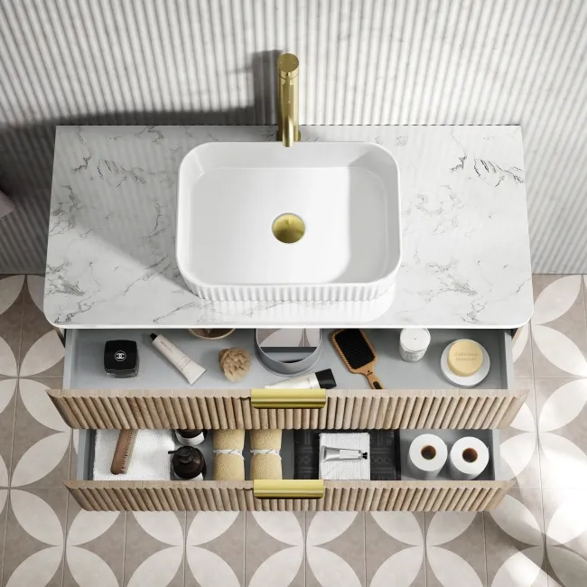 Cadiz Fluted Apex Oak Wall Hung Drawer Vanity with Marble Top & Reno Basin 1000mm - Brushed Brass Accents