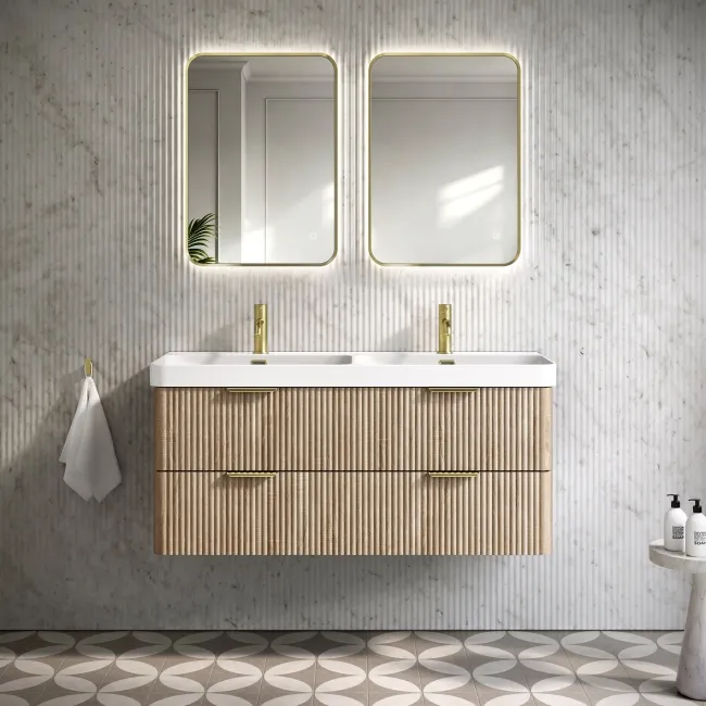 Cadiz Fluted Apex Oak Wall Hung Double Basin Drawer Vanity 1200mm - Brushed Brass Accents