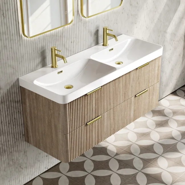 Cadiz Fluted Apex Oak Wall Hung Double Basin Drawer Vanity 1200mm - Brushed Brass Accents