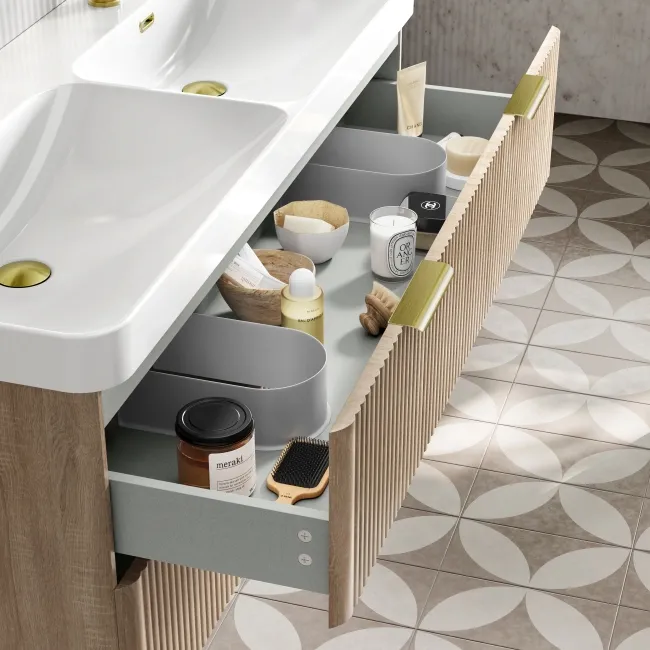 Cadiz Fluted Apex Oak Wall Hung Double Basin Drawer Vanity 1200mm - Brushed Brass Accents