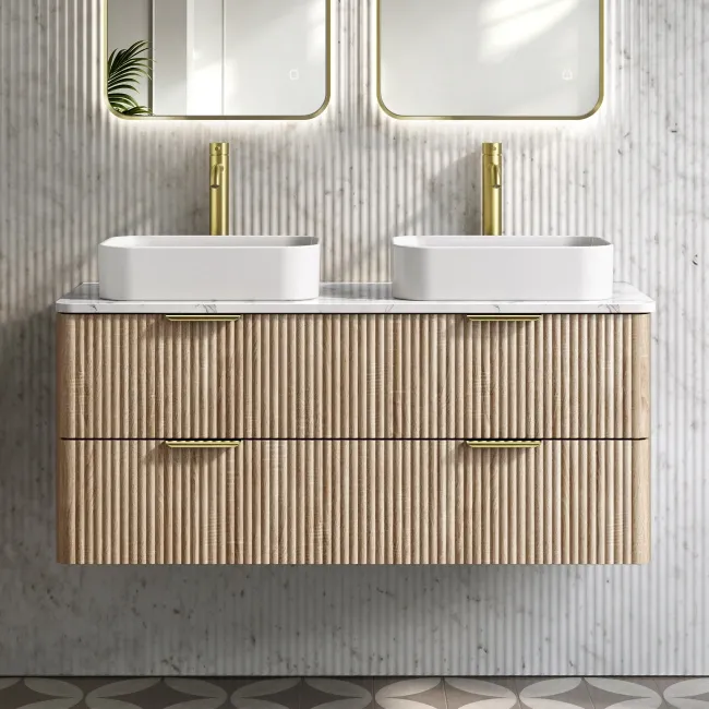 Cadiz Fluted Apex Oak Double Wall Hung Drawer Vanity with Marble Top 1200mm (Excludes Basin) - Brushed Brass Accents