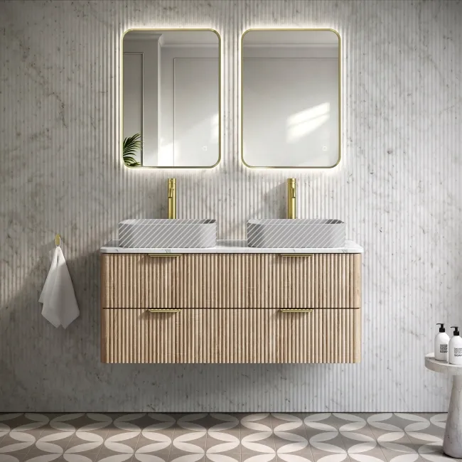 Cadiz Fluted Apex Oak Double Wall Hung Drawer Vanity with Marble Top 1200mm (Excludes Basin) - Brushed Brass Accents
