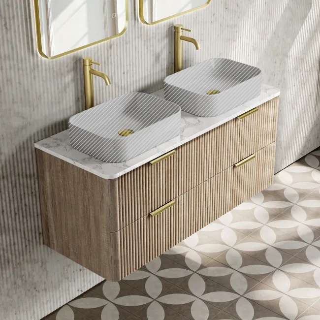 Cadiz Fluted Apex Oak Double Wall Hung Drawer Vanity with Marble Top 1200mm (Excludes Basin) - Brushed Brass Accents