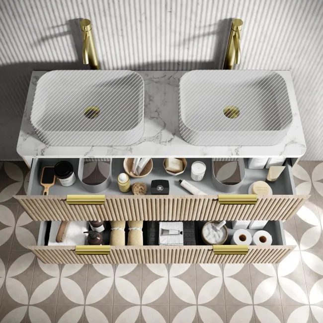 Cadiz Fluted Apex Oak Double Wall Hung Drawer Vanity with Marble Top 1200mm (Excludes Basin) - Brushed Brass Accents