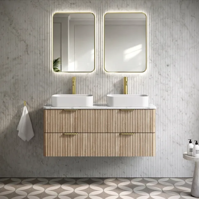 Cadiz Fluted Apex Oak Double Wall Hung Drawer Vanity with Marble Top & Marin Basin 1200mm - Brushed Brass Accents