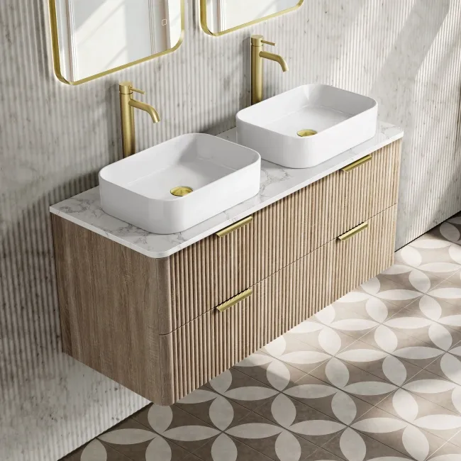 Cadiz Fluted Apex Oak Double Wall Hung Drawer Vanity with Marble Top & Marin Basin 1200mm - Brushed Brass Accents