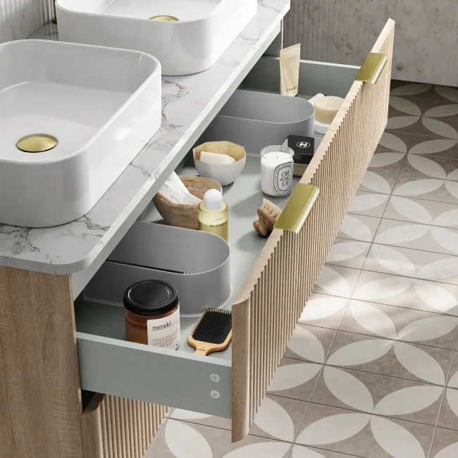 Cadiz Fluted Apex Oak Double Wall Hung Drawer Vanity with Marble Top & Marin Basin 1200mm - Brushed Brass Accents