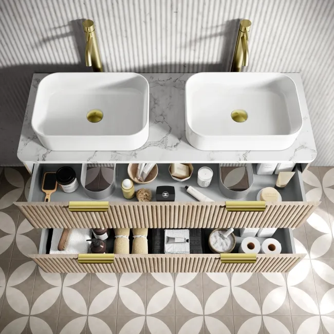 Cadiz Fluted Apex Oak Double Wall Hung Drawer Vanity with Marble Top & Marin Basin 1200mm - Brushed Brass Accents
