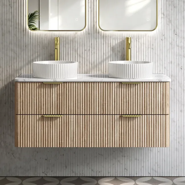 Cadiz Fluted Apex Oak Double Wall Hung Drawer Vanity with Marble Top & Nevis Basin 1200mm - Brushed Brass Accents