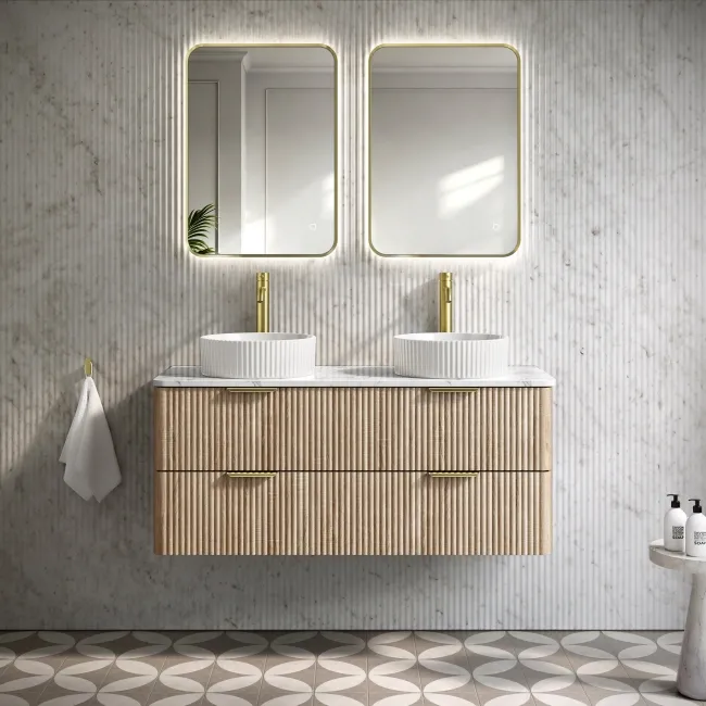 Cadiz Fluted Apex Oak Double Wall Hung Drawer Vanity with Marble Top & Nevis Basin 1200mm - Brushed Brass Accents