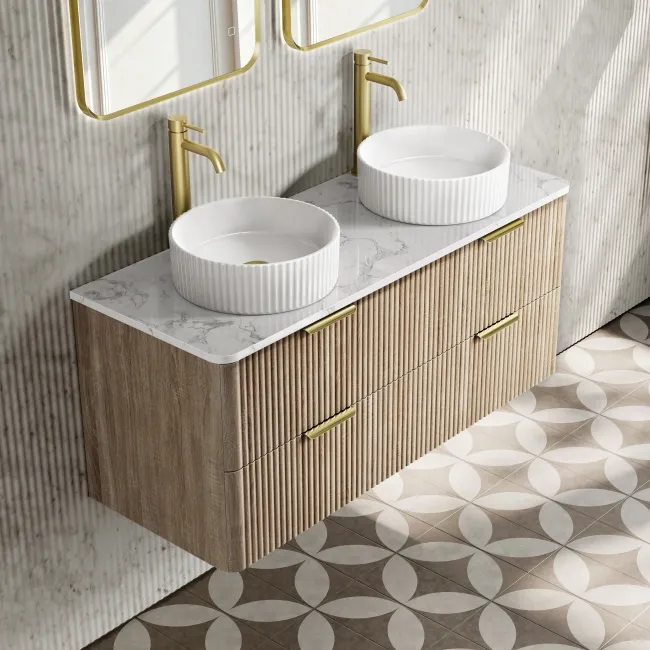 Cadiz Fluted Apex Oak Double Wall Hung Drawer Vanity with Marble Top & Nevis Basin 1200mm - Brushed Brass Accents