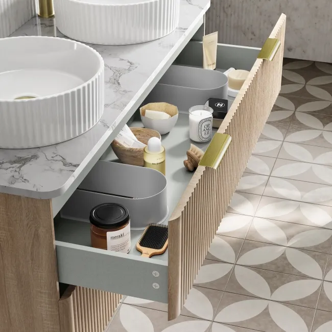 Cadiz Fluted Apex Oak Double Wall Hung Drawer Vanity with Marble Top & Nevis Basin 1200mm - Brushed Brass Accents