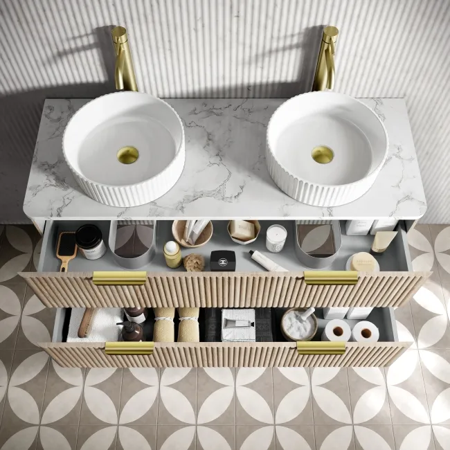 Cadiz Fluted Apex Oak Double Wall Hung Drawer Vanity with Marble Top & Nevis Basin 1200mm - Brushed Brass Accents