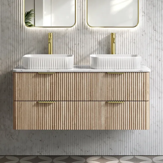 Cadiz Fluted Apex Oak Double Wall Hung Drawer Vanity with Marble Top & Reno Basin 1200mm - Brushed Brass Accents