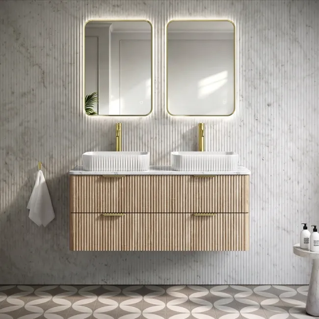 Cadiz Fluted Apex Oak Double Wall Hung Drawer Vanity with Marble Top & Reno Basin 1200mm - Brushed Brass Accents