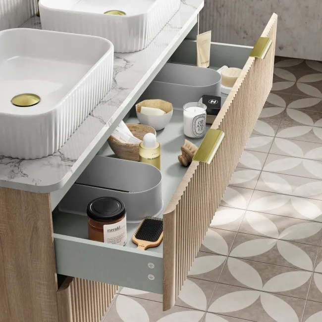 Cadiz Fluted Apex Oak Double Wall Hung Drawer Vanity with Marble Top & Reno Basin 1200mm - Brushed Brass Accents