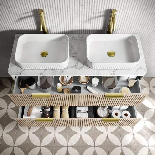 Cadiz Fluted Apex Oak Double Wall Hung Drawer Vanity with Marble Top & Reno Basin 1200mm - Brushed Brass Accents