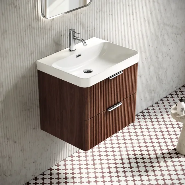 Cadiz Fluted Apex Walnut Wall Hung Basin Drawer Vanity 600mm - Chrome Handles